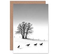 Wee Blue Coo CARD GREETING GIFT PHOTO WINTER LANDSCAPE BARE TREES RUNNING HORSES
