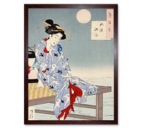 Wee Blue Coo Chikanobu Japanese Geisha Pier Moon Art Print Framed Poster Wall Decor 12x16 inch