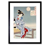 Wee Blue Coo Chikanobu Japanese Geisha Pier Moon Artwork Framed Wall Art Print 9X7 Inch