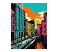 Wee Blue Coo Cityscape Canal Waterfront Sunrise Artwork Turquoise Orange Pink Daybreak in the City Extra Large XL Wall Art Poster Print