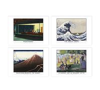Wee Blue Coo Classic Paintings Hopper Nighthawks Hokusai Great Wave Rainstorm Mount Fuji Seurat Sunday La Grande Jatte A4 Poster Pack of 4 Wall Art
