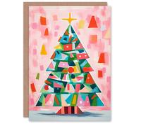 Wee Blue Coo Colourful Abstract Geometric Tree Painting Xmas Blank Christmas Card in Pink Wee Blue Coo Pink