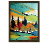Wee Blue Coo Colourful Autumn Landscape Scotland Hillside Forest Oil Painting Artwork Framed Wall Art Print A4