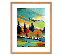Wee Blue Coo Colourful Autumn Landscape Scotland Hillside Forest Oil Painting Artwork Framed Wall Art Print 12X16 Inch