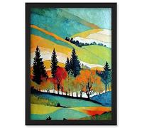 Wee Blue Coo Colourful Autumn Landscape Scotland Hillside Forest Oil Painting Artwork Framed Wall Art Print A4