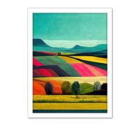 Wee Blue Coo Colourful Bright Countryside Fields Landscape Painting Artwork Framed Wall Art Print 18X24 Inch