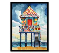 Wee Blue Coo Colourful Lifeguard Tower on Sandy Beach Shore Folk Art Watercolour Painting Coastal Landscape Artwork Framed Wall Art Print A4