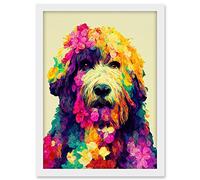 Wee Blue Coo Colourful Vibrant Floral Labradoodle Dog Abstract Portrait Artwork Framed A3 Wall Art Print