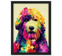 Wee Blue Coo Colourful Vibrant Floral Labradoodle Dog Abstract Portrait Artwork Framed A3 Wall Art Print