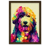 Wee Blue Coo Colourful Vibrant Floral Labradoodle Dog Abstract Portrait Artwork Framed Wall Art Print A4