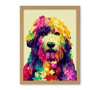 Wee Blue Coo Colourful Vibrant Floral Labradoodle Dog Abstract Portrait Artwork Framed Wall Art Print 18X24 Inch