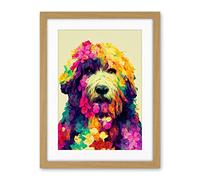 Wee Blue Coo Colourful Vibrant Floral Labradoodle Dog Abstract Portrait Artwork Framed Wall Art Print 18X24 Inch