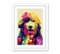 Wee Blue Coo Colourful Vibrant Floral Labradoodle Dog Abstract Portrait Artwork Framed Wall Art Print 18X24 Inch