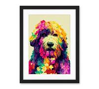 Wee Blue Coo Colourful Vibrant Floral Labradoodle Dog Abstract Portrait Artwork Framed Wall Art Print 18X24 Inch