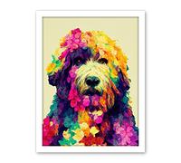 Wee Blue Coo Colourful Vibrant Floral Labradoodle Dog Abstract Portrait Artwork Framed Wall Art Print 18X24 Inch