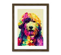 Wee Blue Coo Colourful Vibrant Floral Labradoodle Dog Abstract Portrait Artwork Framed Wall Art Print 18X24 Inch