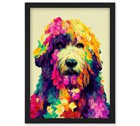 Wee Blue Coo Colourful Vibrant Floral Labradoodle Dog Abstract Portrait Artwork Framed Wall Art Print A4