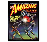 Wee Blue Coo Comics Amazing Stories Mad Robot Laser Gun Sci Fi Art Print Framed Poster Wall Decor 12X16 Inch