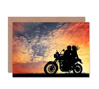 Wee Blue Coo Couple On Motorbike - Romantic Sunset Silhouette, Blank Card