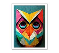 Wee Blue Coo Cute Colourful Multicoloured Bright Geometric Owl Bird Painting Artwork Framed Wall Art Print 18X24 Inch