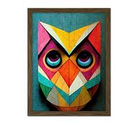 Wee Blue Coo Cute Colourful Multicoloured Bright Geometric Owl Bird Painting Artwork Framed Wall Art Print 18X24 Inch