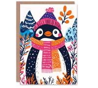 Wee Blue Coo Cute Penguin Winter Hat Scarf Vibrant Cartoon Xmas Christmas Card Wee Blue Coo Multicolor
