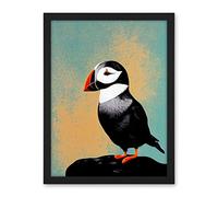 Wee Blue Coo Cute Puffin Bird on Rock Modern Print Illustration Artwork Framed Wall Art Print 18X24 Inch