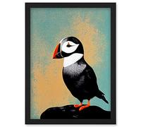 Wee Blue Coo Cute Puffin Bird on Rock Modern Print Illustration Artwork Framed Wall Art Print A4