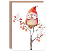 Wee Blue Coo Cute Santa Hat Owl On Winter Tree With Baubles Xmas Christmas Card in Red Wee Blue Coo Red