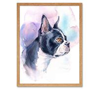 Wee Blue Coo Dog Boston Terrier Watercolour Art Print Framed Poster Wall Decor 12X16 Inch