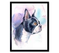 Wee Blue Coo Dog Boston Terrier Watercolour Art Print Framed Poster Wall Decor 12X16 Inch
