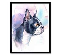 Wee Blue Coo Dog Boston Terrier Watercolour Art Print Framed Wall Decor 9X7 inch