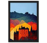 Wee Blue Coo Edinburgh in Autumn Scotland Scottish Modern Folk Art Multi Coloured Cityscape Artwork Framed A3 Wall Art Print
