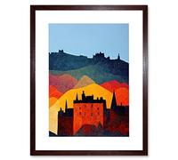 Wee Blue Coo Edinburgh In Autumn Scotland Scottish Modern Folk Art Multi Coloured Cityscape Artwork Framed Wall Art Print 12X16 Inch