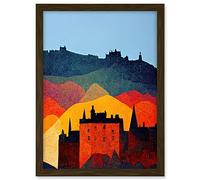 Wee Blue Coo Edinburgh in Autumn Scotland Scottish Modern Folk Art Multi Coloured Cityscape Artwork Framed A3 Wall Art Print