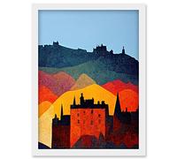 Wee Blue Coo Edinburgh in Autumn Scotland Scottish Modern Folk Art Multi Coloured Cityscape Artwork Framed Wall Art Print A4