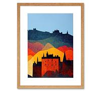 Wee Blue Coo Edinburgh In Autumn Scotland Scottish Modern Folk Art Multi Coloured Cityscape Artwork Framed Wall Art Print 12X16 Inch