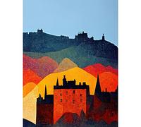 Wee Blue Coo Edinburgh in Autumn Scotland Scottish Modern Folk Art Multi Coloured Cityscape Premium Wall Art Canvas Print 18X24 Inch