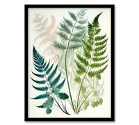 Wee Blue Coo Elegant Fern Fronds Foliage Linocut Artwork Green Teal Pink Bright Botanical Nature Art Print Framed Poster Wall Decor 12x16 inch
