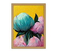 Wee Blue Coo Elegant Peony Floral Bouquet Yellow Teal Pink Flowers Painting Artwork Framed Wall Art Print 18X24 Inch