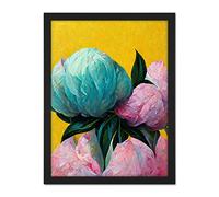 Wee Blue Coo Elegant Peony Floral Bouquet Yellow Teal Pink Flowers Painting Artwork Framed Wall Art Print 18X24 Inch
