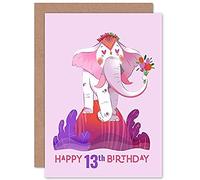 Wee Blue Coo Elephant Flower Birthday 13th Greetings Card