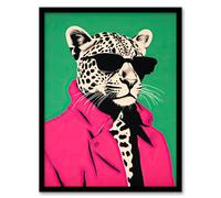 Wee Blue Coo Fashion Cheetah I Fun Animal Green Pink Artwork Framed Wall Art Print A4