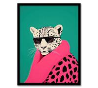 Wee Blue Coo Fashion Cheetah Vibrant Teal Hot Pink Colour Block Fun Bold Animal Portrait Artwork Framed Wall Art Print A4