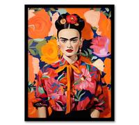 Wee Blue Coo Fierce Mexican Artist Woman Vibrant Oil Painting Orange Pink Blue Bold Floral Portrait Artwork Framed Wall Art Print A4