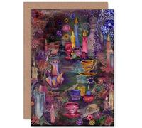 Wee Blue Coo FLOWERS, CANDLES AND TEACUPS BLANK GREETINGS CARD by CLAIRE SAUNDERS