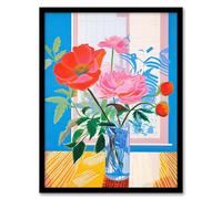 Wee Blue Coo Formidable Florals Acrylic Painting Wildflowers in Glass Vase Vibrant Blue Orange Pink Artwork Framed Wall Art Print 18X24 Inch