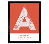Wee Blue Coo Framed Wall Art Algiers Algeria City Map Modern Typography Stylish Letter Word - 12X16 Inch