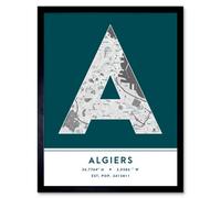 Wee Blue Coo Framed Wall Art Algiers Algeria City Map Modern Typography Stylish Letter Word - 12X16 Inch