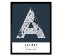 Wee Blue Coo Framed Wall Art Algiers Algeria City Map Modern Typography Stylish Letter Word - 12X16 Inch